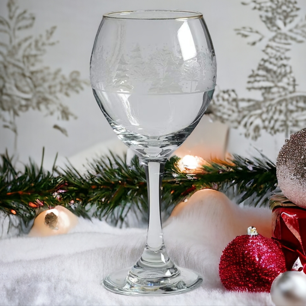 1 Vtg 12 Oz Glassware Stemmed Wine Water Goblet Pines by LYNN'S CHINA Gold Trim